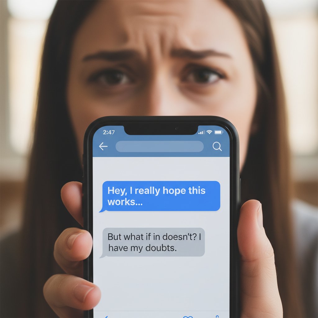 Nahaufnahme einer Hand, die das Smartphone mit Chatfenster hält – Lichtschein auf dem Gesicht, Hoffnung und Zweifel