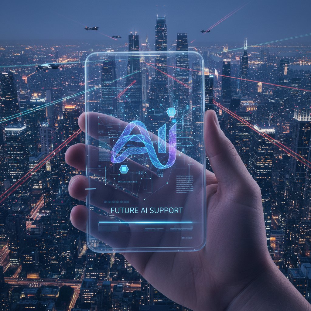 Ręka trzymająca smartfona na tle rozświetlonego miasta – przyszłość wsparcia emocjonalnego AI, nowoczesność i wyzwania