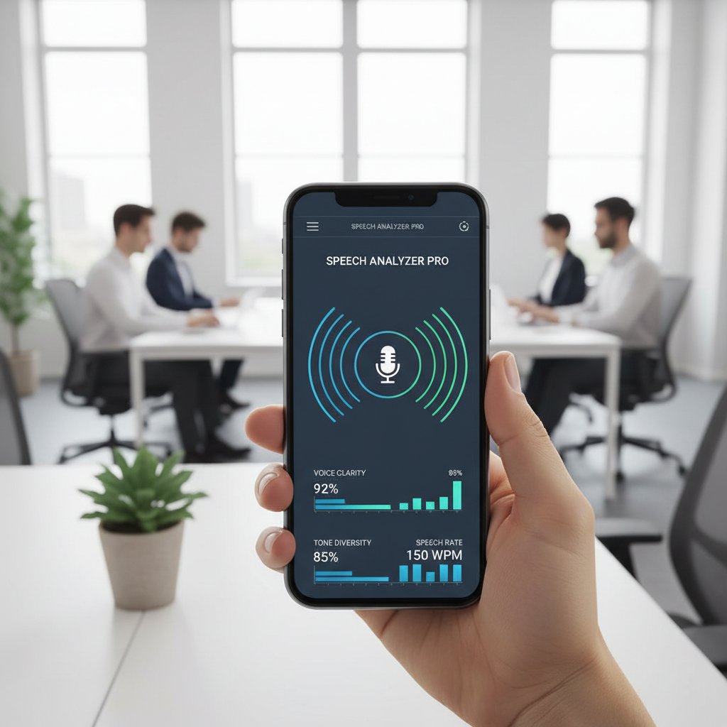 Ręka trzymająca smartfon z aplikacją do analizy mowy, jasne biurowe otoczenie, nowoczesność
