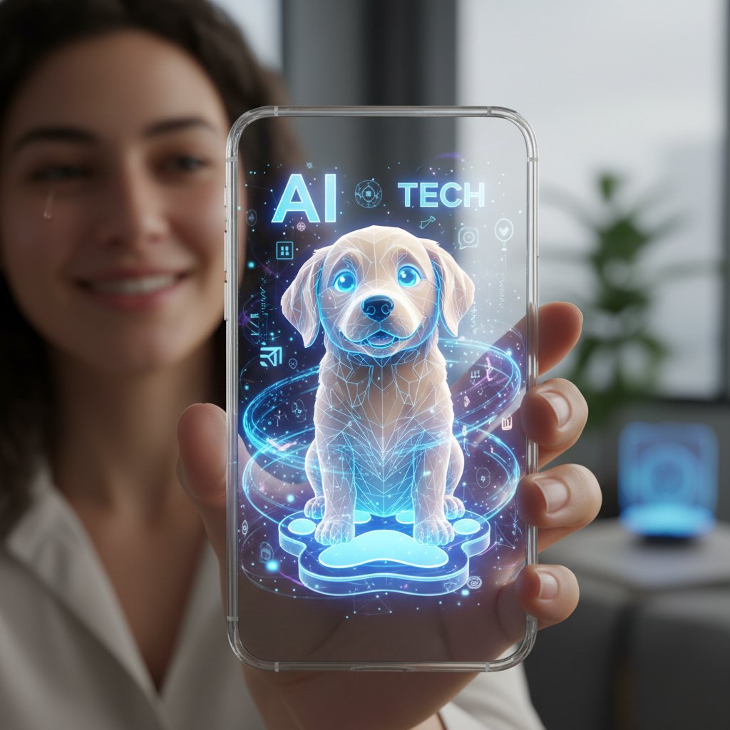 Dłoń trzymająca smartfon z wyświetlonym wirtualnym psem AI, technologia i emocje