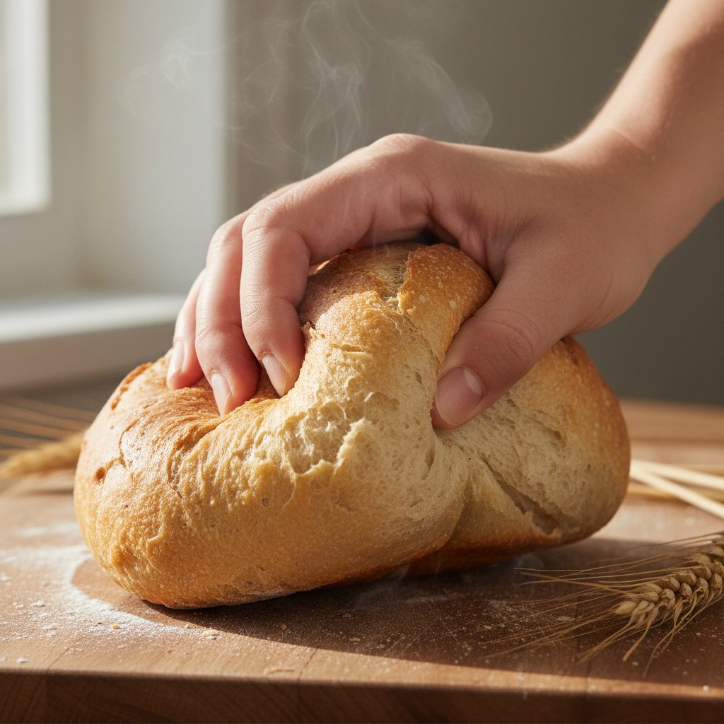 Ręka ściska bochenek chleba, sprawdzając jego sprężystość i świeżość