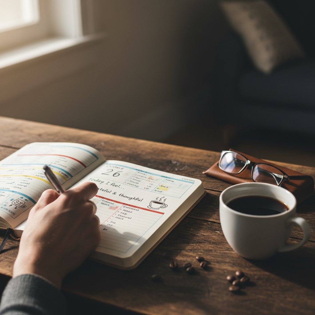 Dłoń osoby zapisującej dziennik nastroju przy kawie, stół, notes, długopis