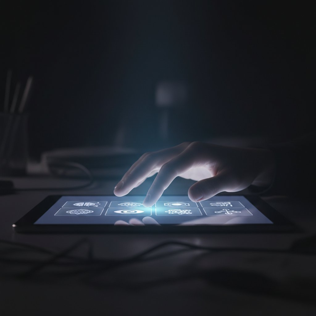 Zbliżenie na dłoń wybierającą spośród kilku ikon aplikacji AI, nastrojowe światło