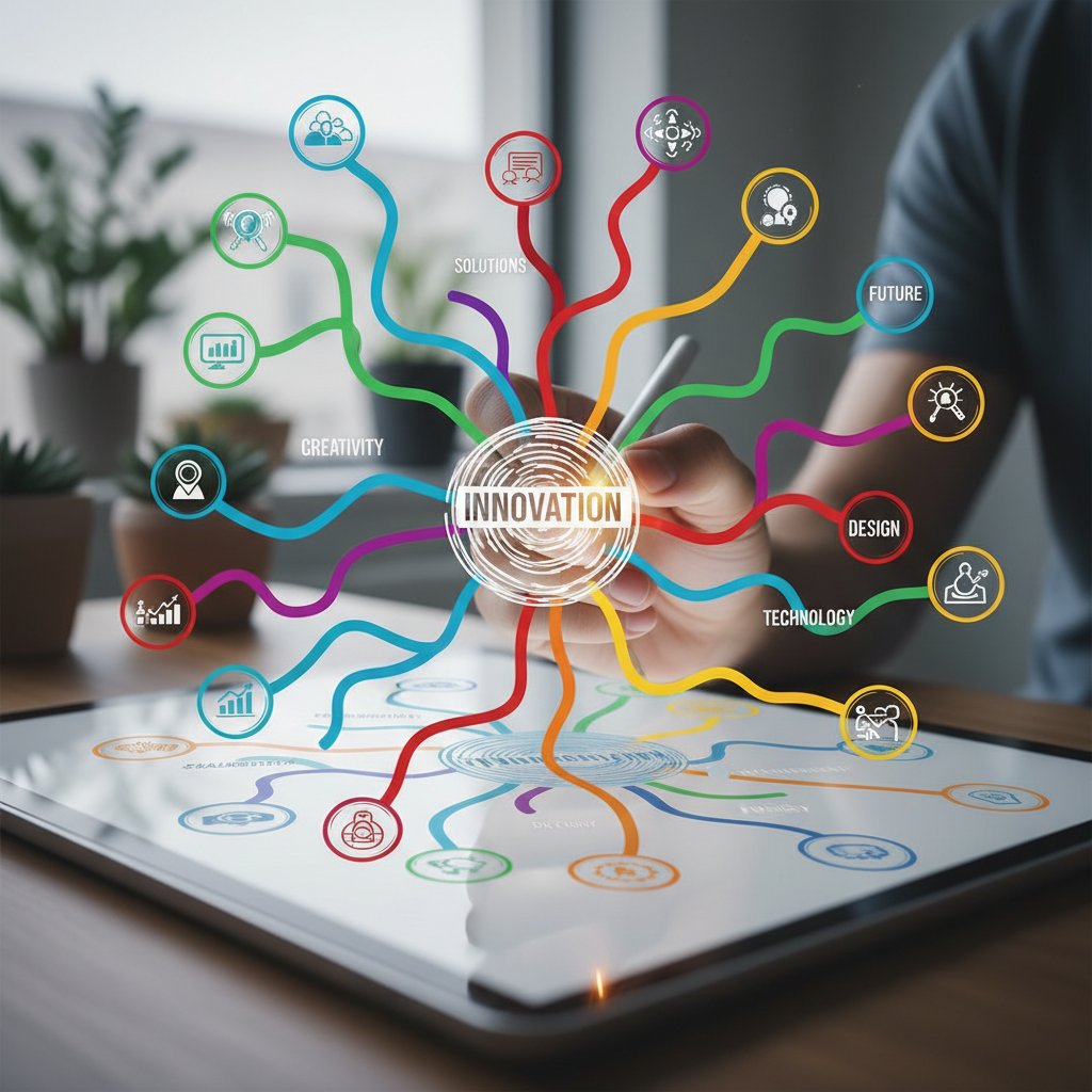 Ręka rysująca mapę myśli na ekranie dotykowym, kolorowe gałęzie, skupienie i kreatywność