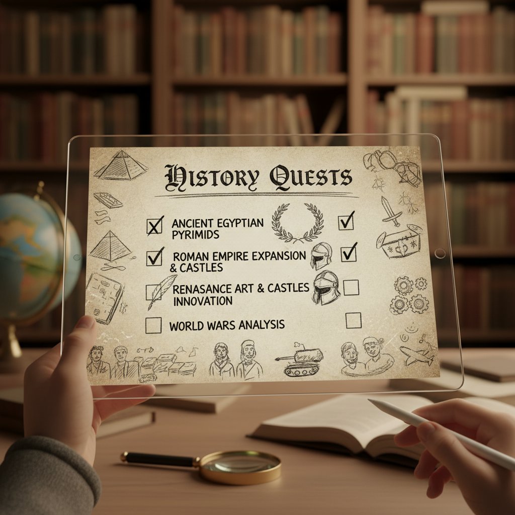 Lista kontrolna skutecznej nauki historii online, ręcznie rysowana, na tle laptopa