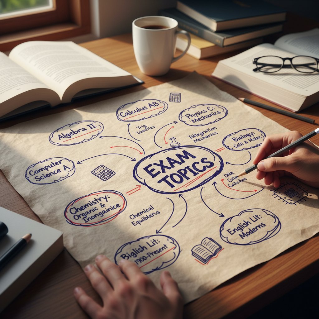 Ręcznie rysowana mapa myśli z kluczowymi tematami egzaminacyjnymi