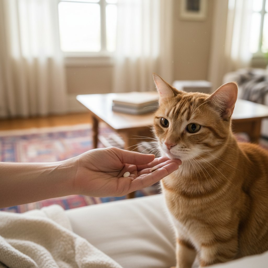 Ręka podająca kotu tabletkę na tle domowego wnętrza, obrazująca trudność podawania leku