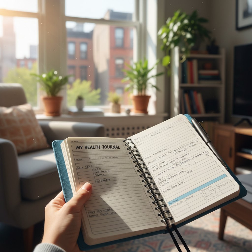 Zeszyt z notatkami symptomów na tle domowego wnętrza