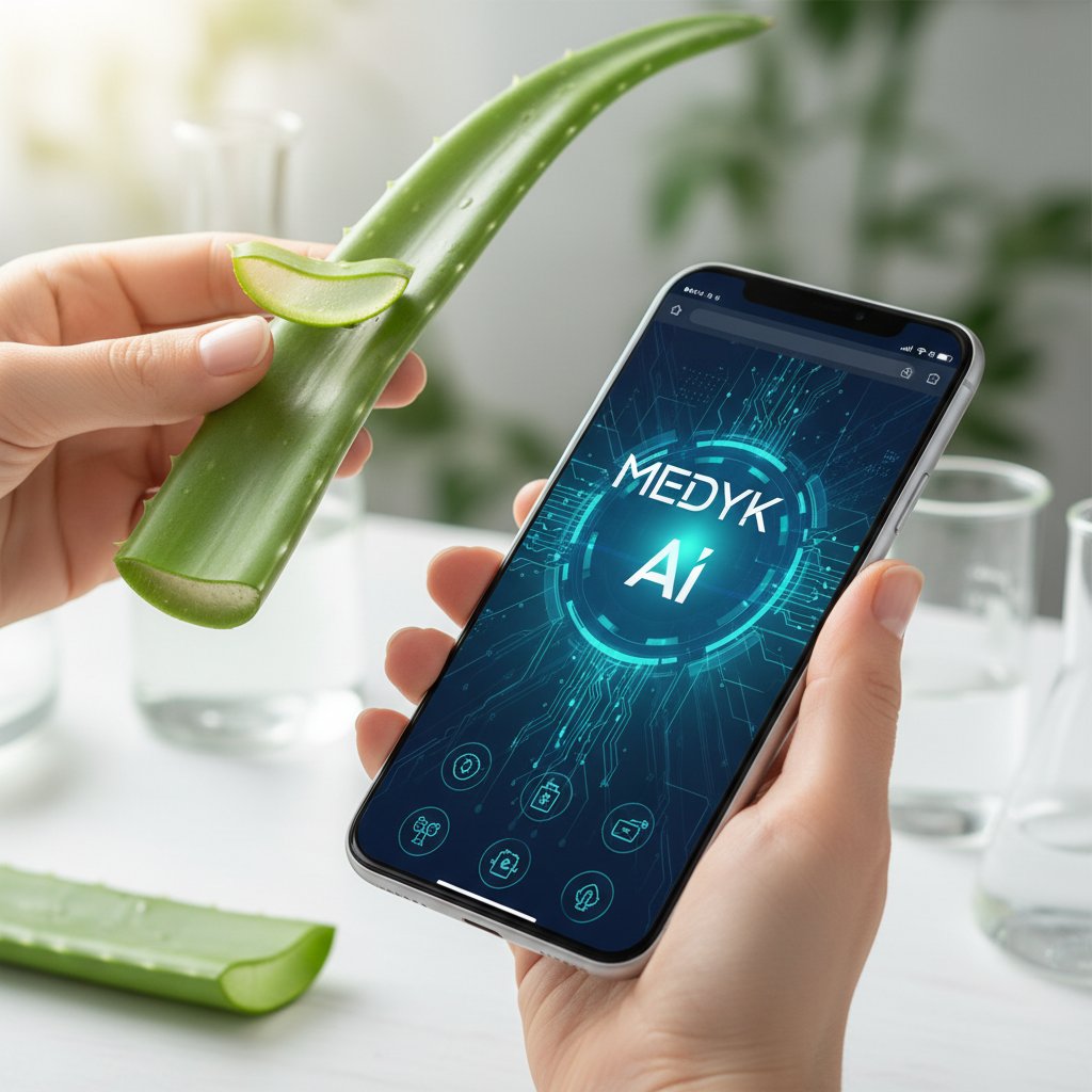 Obrazek podsumowujący: ręka trzymająca liść aloesu, obok leży telefon z otwartą stroną medyk.ai