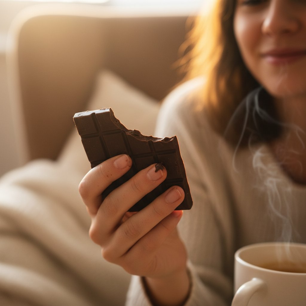 Ręka trzymająca kawałek czekolady, symbolicznie przedstawiająca chwilową poprawę nastroju