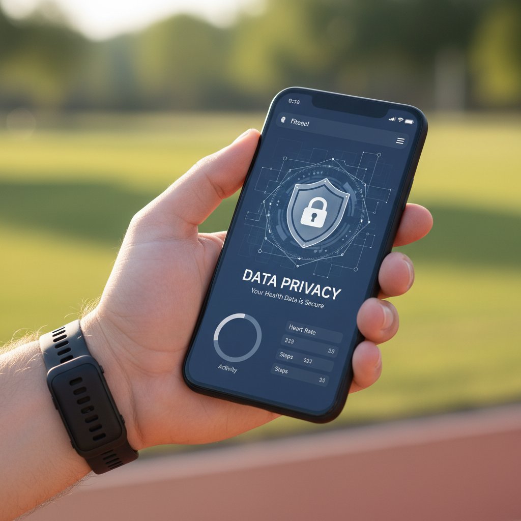 Zbliżenie na rękę trzymającą smartfon z aplikacją fitness, widoczne dane, ciemne tło