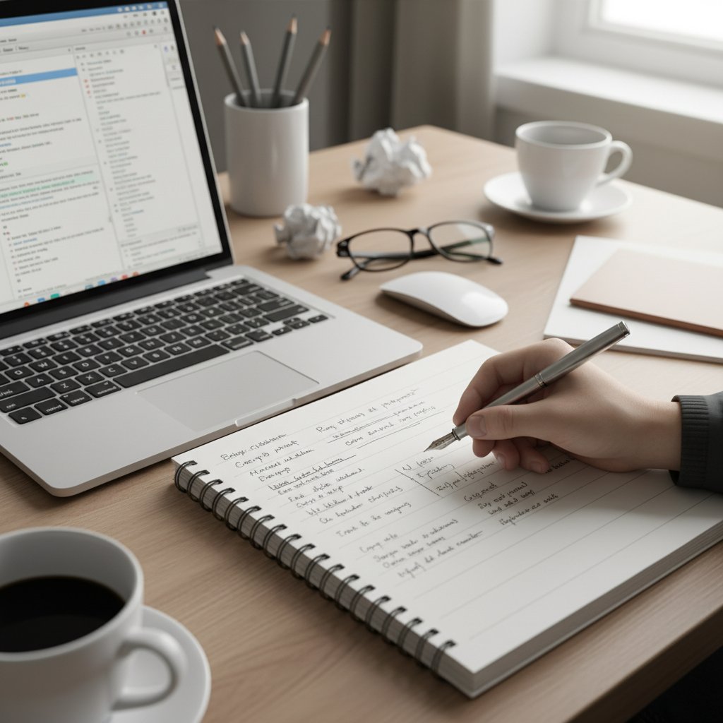 Ręka trzymająca pióro nad zeszytem, obok laptop z otwartym szkicem tekstu – symbol procesu publikacji