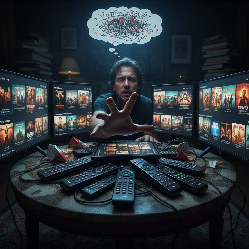 Hand holding a remote, paused in mid-air, symbolizing decision paralysis