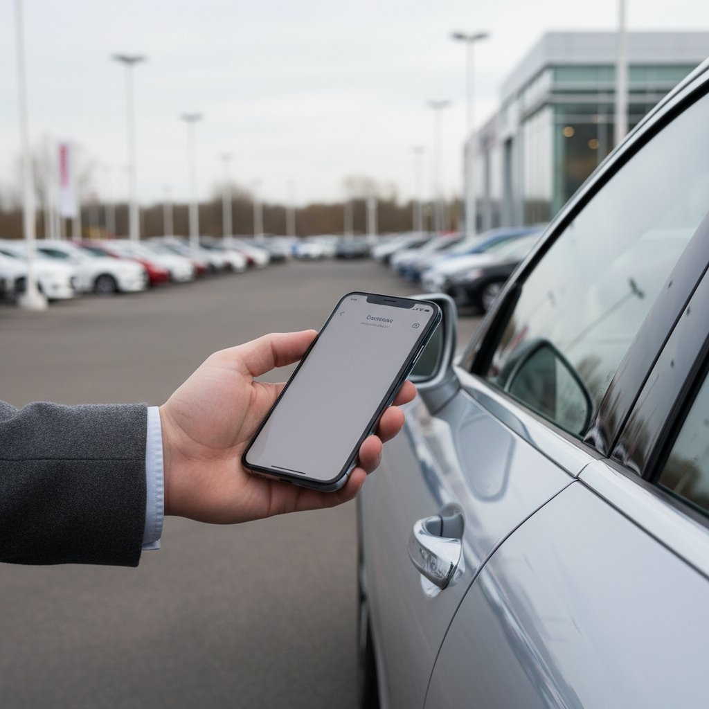 Hand holding smartphone near a car door handle, illustrating phone key use at a dealership lot