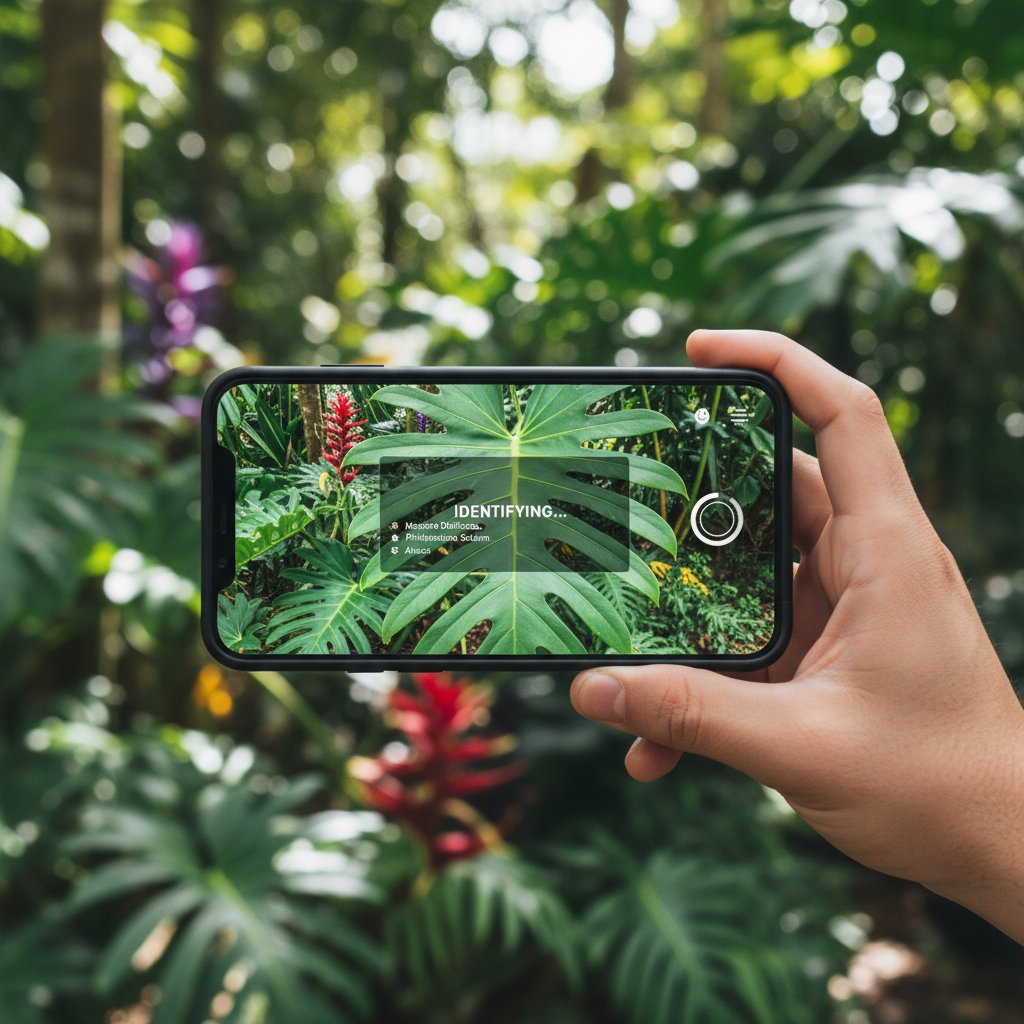 Ręka trzymająca smartfon z aplikacją do identyfikacji roślin, w tle zieleń ogrodu