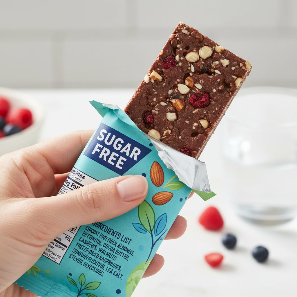 Zdjęcie ręki trzymającej baton 'bez cukru' z drugiej strony opakowania pokazującej listę składników