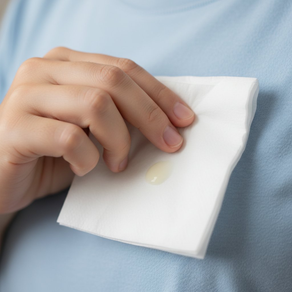 Zdjęcie dłoni trzymającej chusteczkę z wyciekiem – symbol różnorodności kolorów wycieku z brodawki