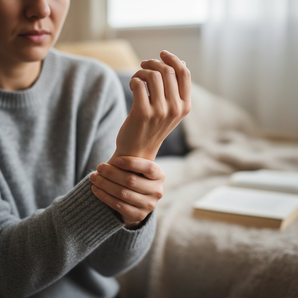Dłoń trzymająca bolący nadgarstek w domowym otoczeniu