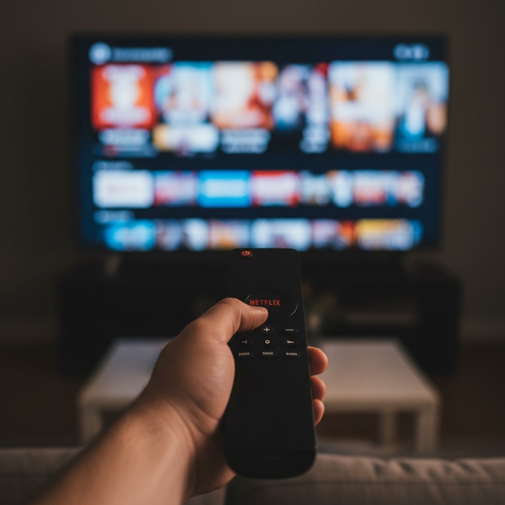 Hand hovering over remote overwhelmed by Netflix options