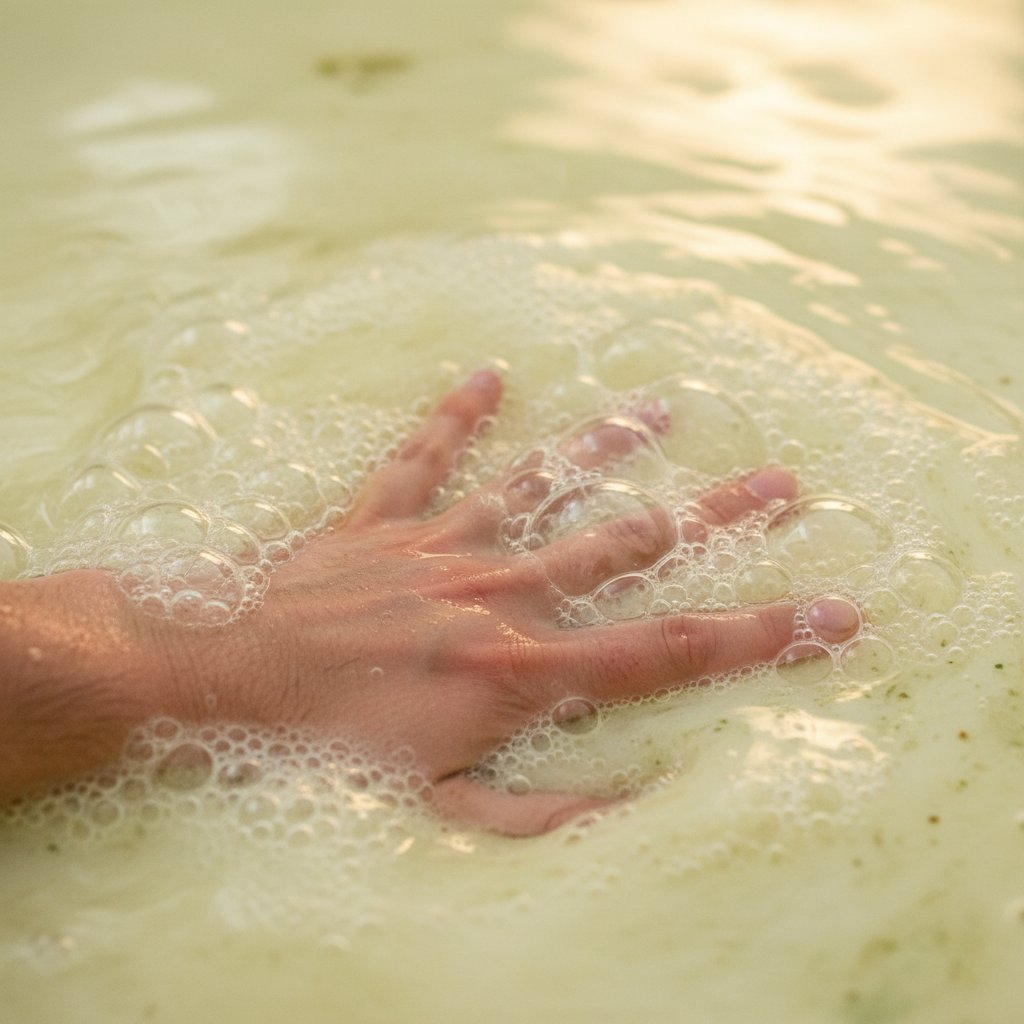 Zbliżenie dłoni zanurzonej w wodzie siarczkowej z widocznymi bąbelkami