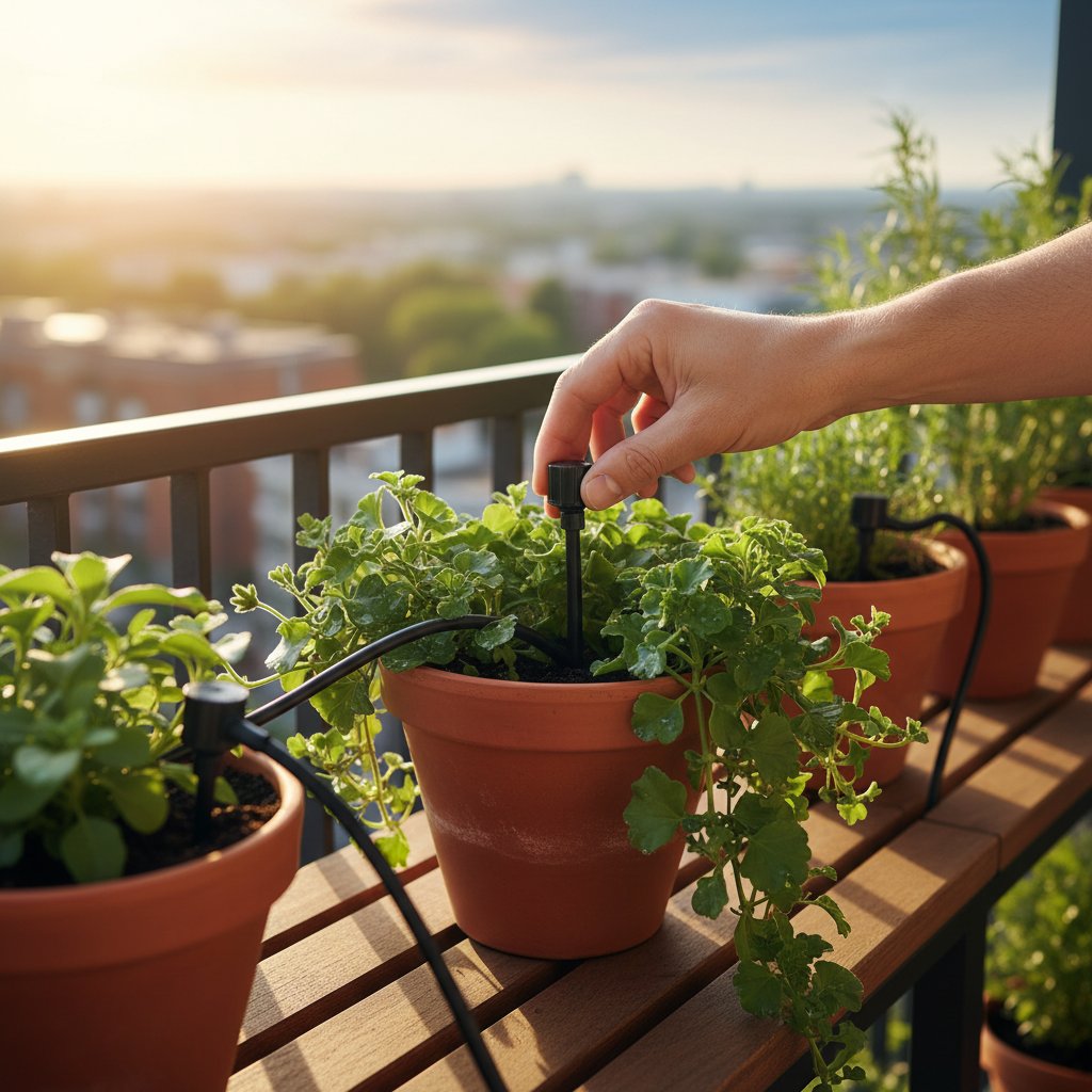 Ręka instalująca kroplownik w doniczce na balkonie