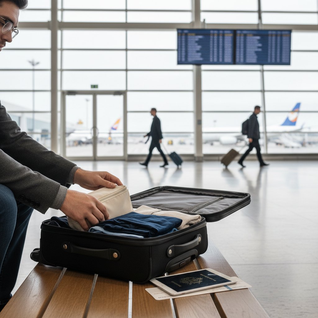 Walizka z podręcznymi akcesoriami na tle lotniska, słowa kluczowe: pakowanie, przesiadka, bagaż podręczny