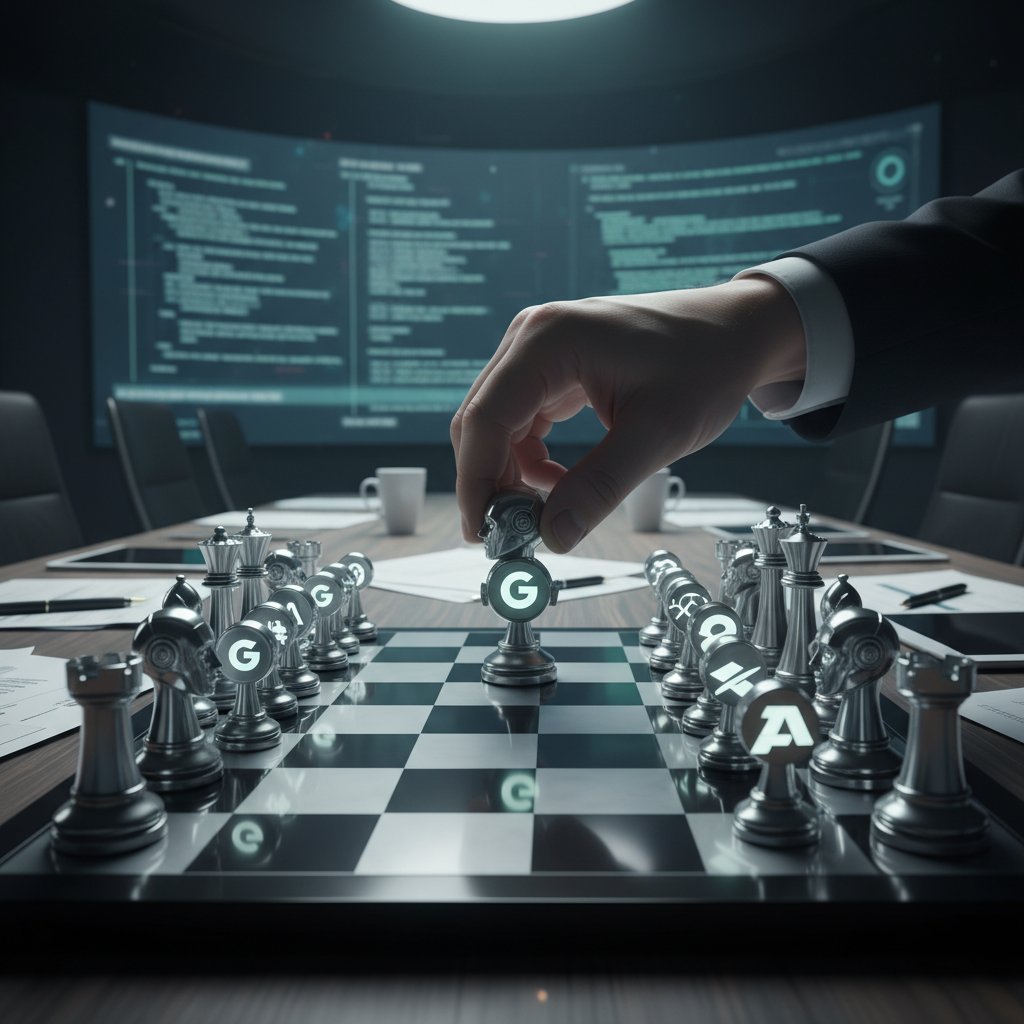 Ręka przesuwająca figury AI jako pionki w grze marketingowej