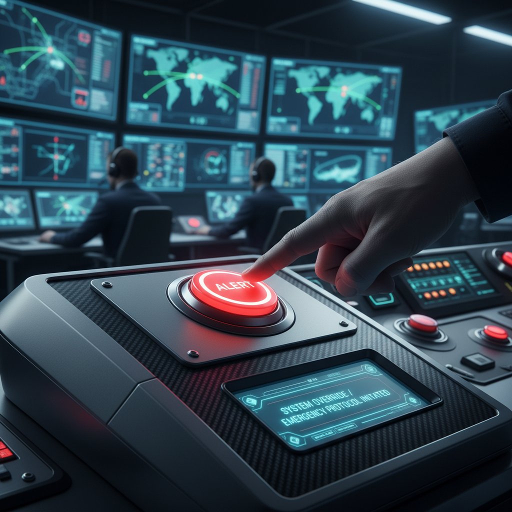 Zbliżenie na dłoń operatora klikającego przycisk alertu na panelu sterowania w centrum logistycznym