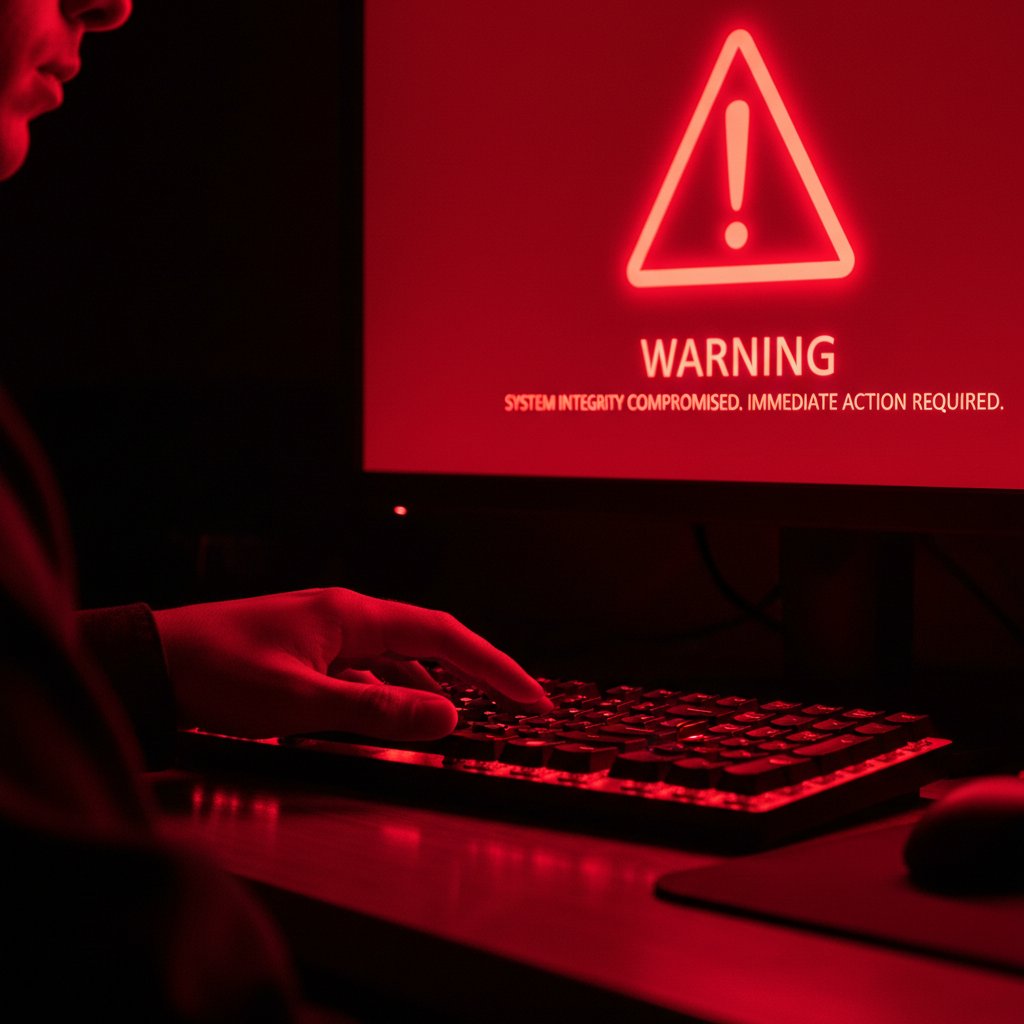 Ręka na klawiaturze z czerwonym światłem i ostrzegawczym znakiem na ekranie