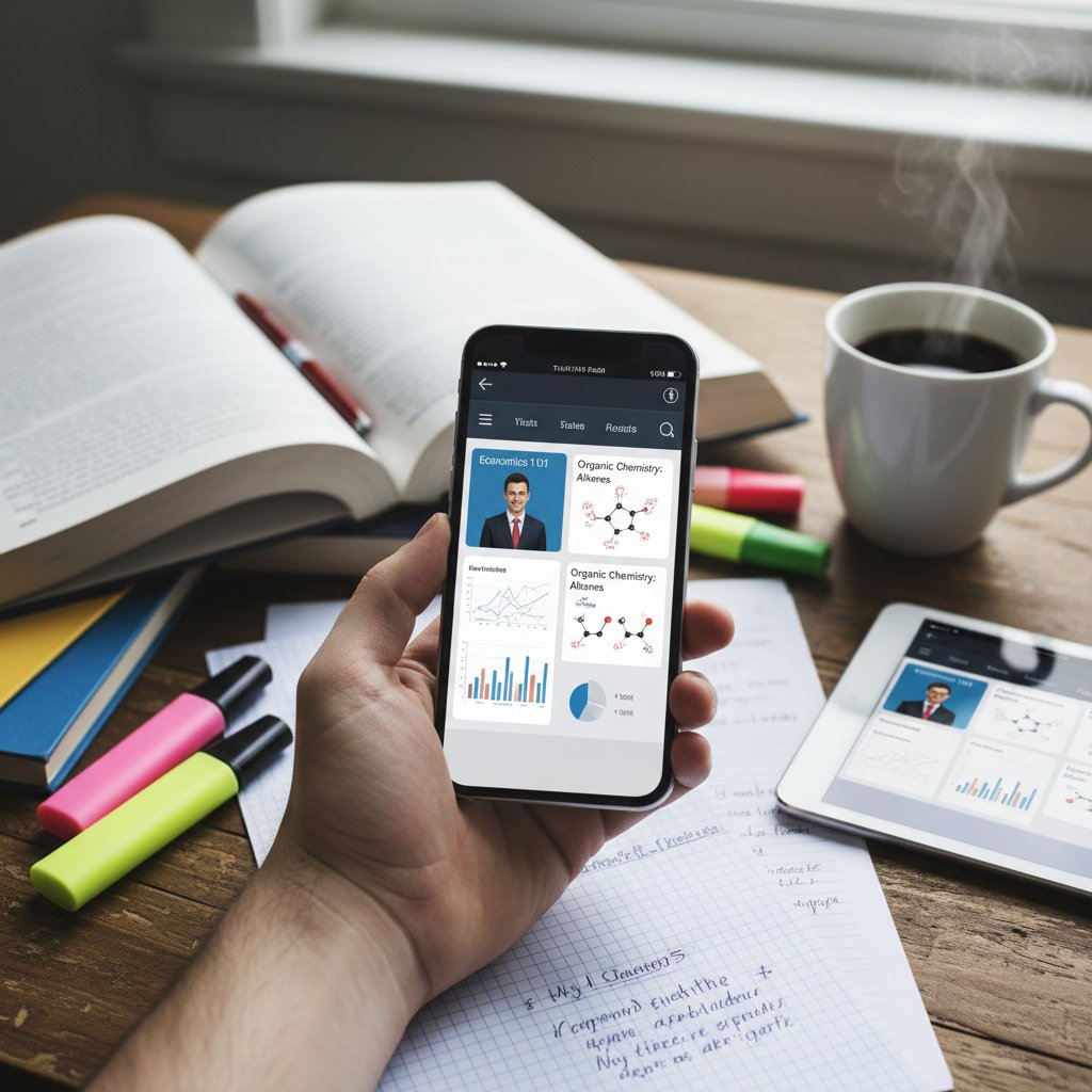 Ręka na smartfonie, ekran z aplikacjami edukacyjnymi, tło: biurko z notatkami