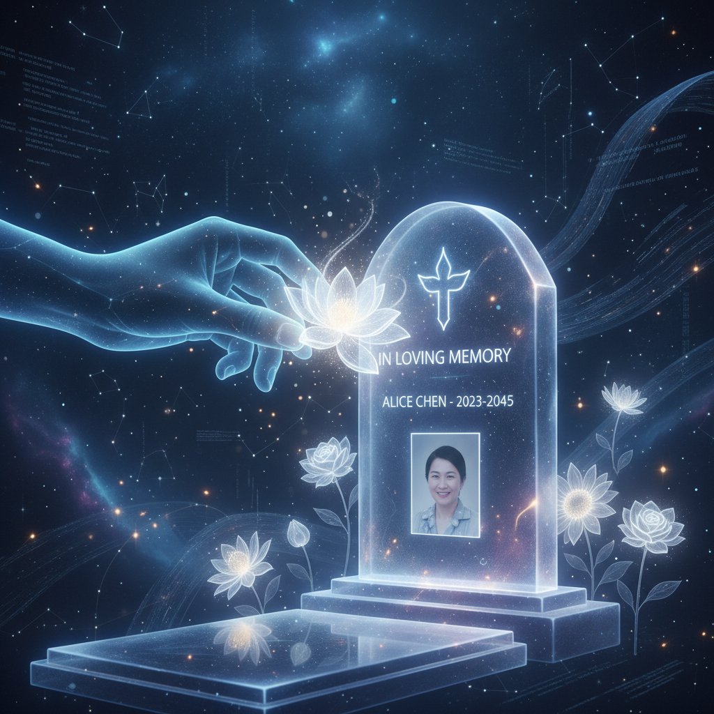 Hand placing a digital flower on a virtual grave, symbolizing solemn and hopeful remembrance in an online memorial event