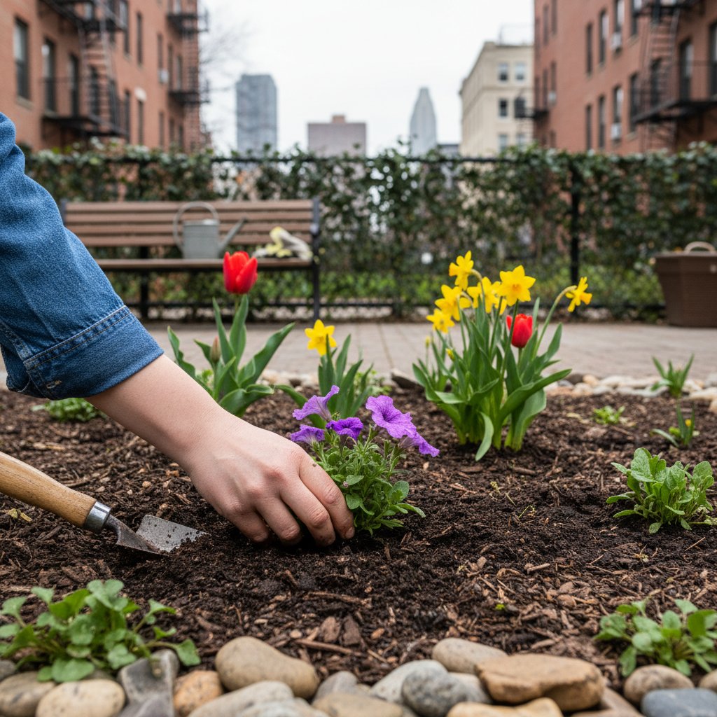 Ręka sadząca intensywnie kolorowy kwiat w wilgotnej, ciemnej ziemi w miejskim ogrodzie wiosną