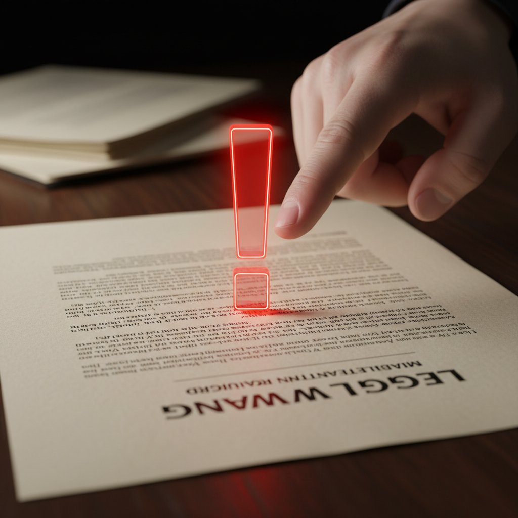Zbliżenie na rękę wskazującą na czerwony wykrzyknik na dokumencie prawnym – słowa kluczowe: czerwone flagi, zagrożenie, niepewność prawna