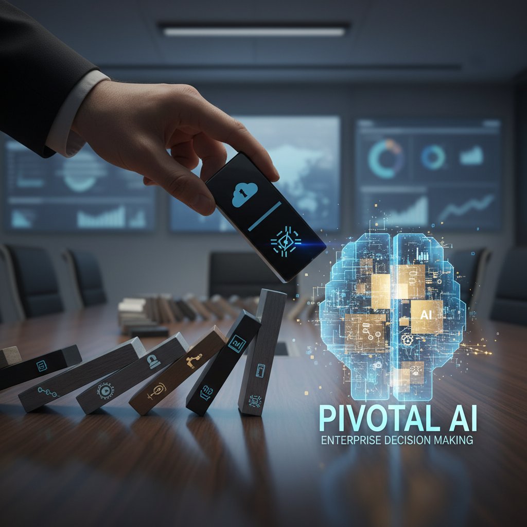 Hand pushing a domino in chain reaction, metaphor for pivotal AI enabled enterprise decision making