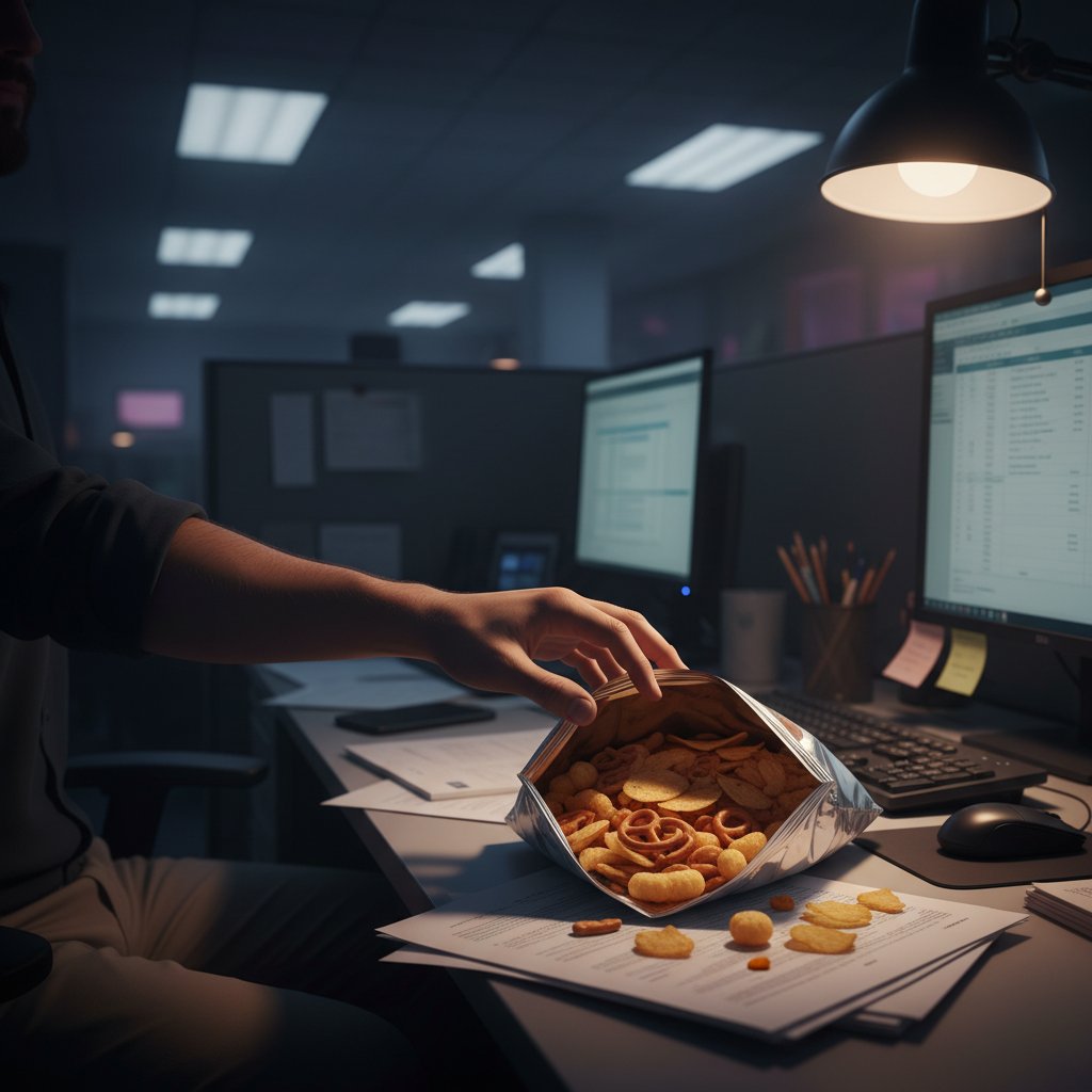 Zdjęcie: Dłoń sięgająca po przekąski w biurze, nastrojowe światło, 16:9