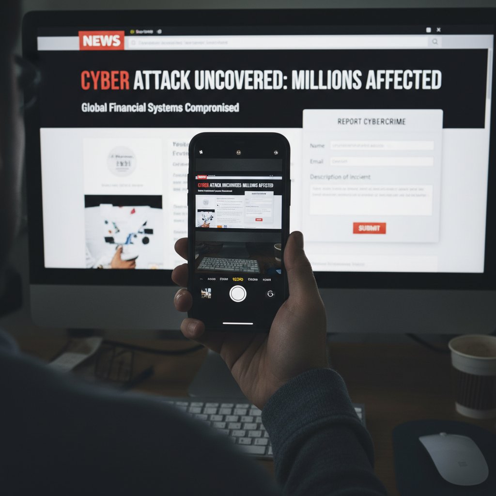 Ręka fotografująca ekran komputera ze zgłoszeniem cyberprzestępstwa