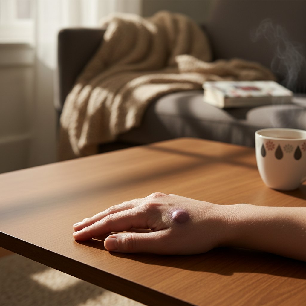 Zdjęcie dłoni z nietypowym guzkiem, scena domowa – nietypowa lokalizacja guzka podskórnego