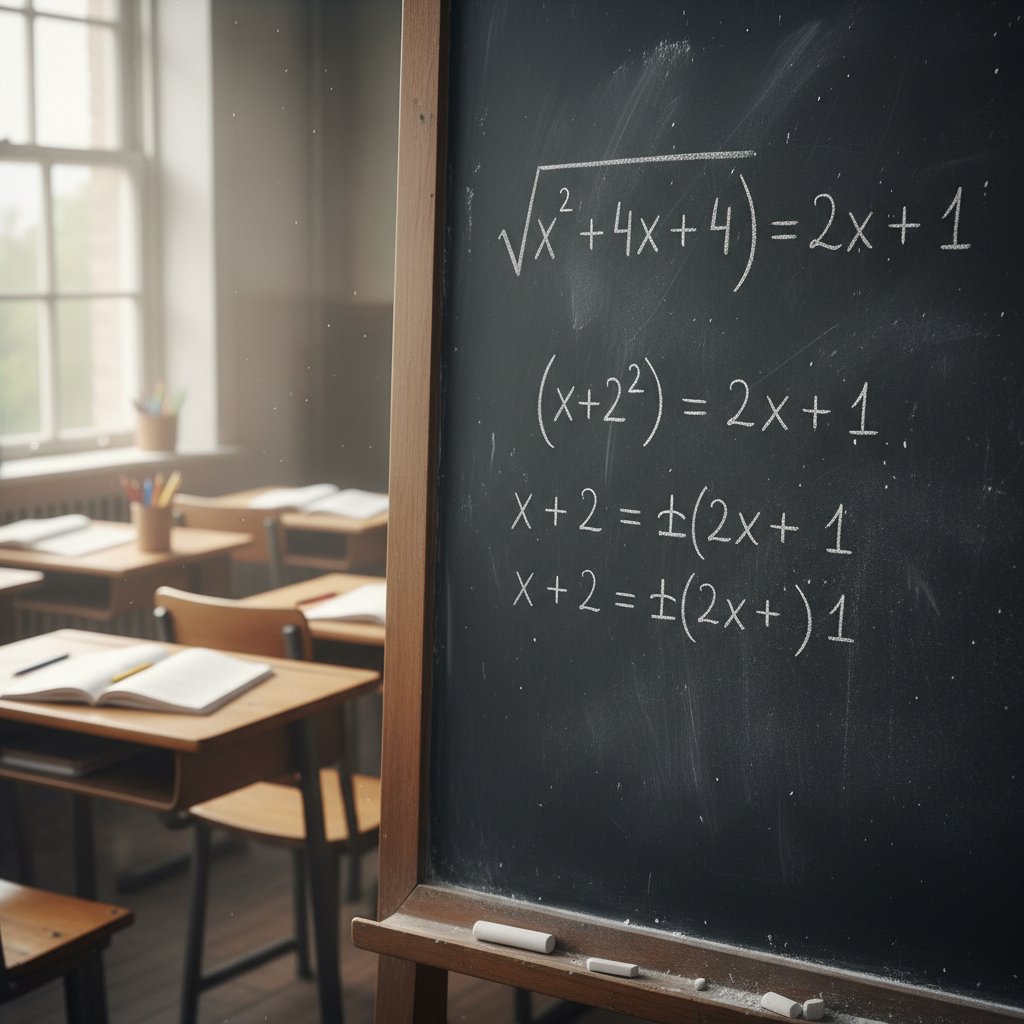 Ręka wpisująca równanie pierwiastka na tablicy, szkolna atmosfera, pierwiastki online korepetycje