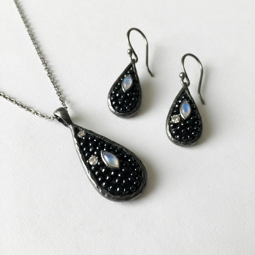 Ręcznie wykonana biżuteria inspirowana kształtem nasion czarnuszki na białym tle