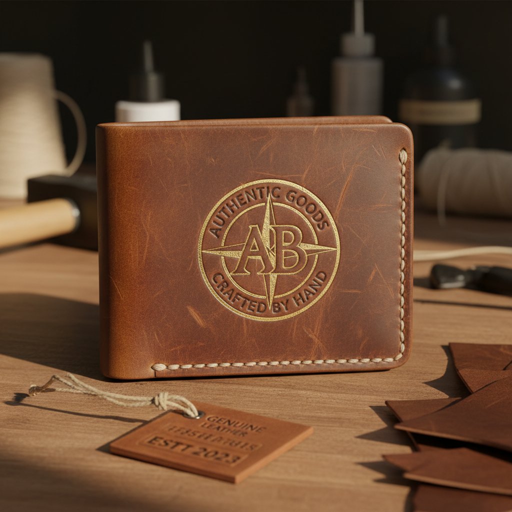 Zdjęcie detalu ręcznie wykonanego produktu z logotypem marki podkreślającym autentyczność