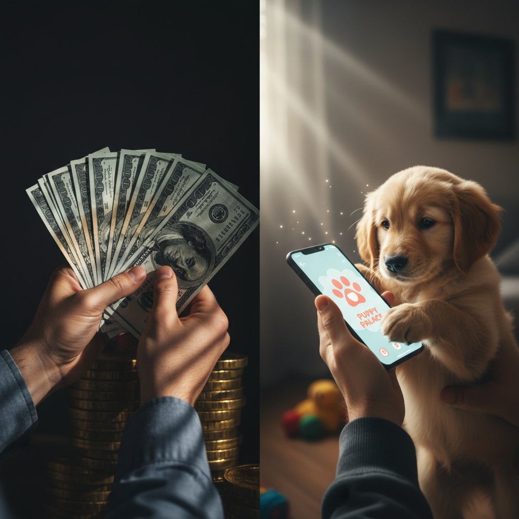 Dłonie trzymające gotówkę i smartfon z aplikacją dla psa – dramatyczny podział sceny