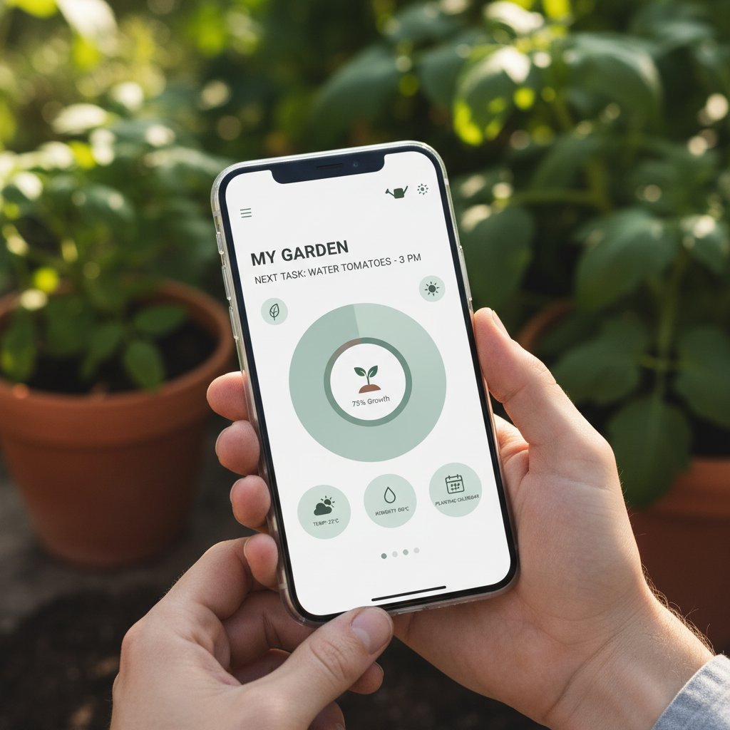 Zbliżenie na dłonie osoby korzystającej z aplikacji ogrodniczej w nowoczesnym, minimalistycznym interfejsie