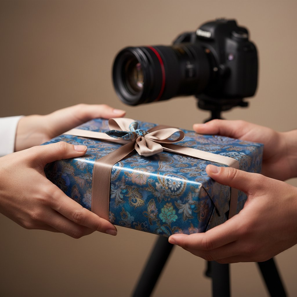Ręce wręczające pięknie zapakowany prezent fotograficzny, aparat w tle