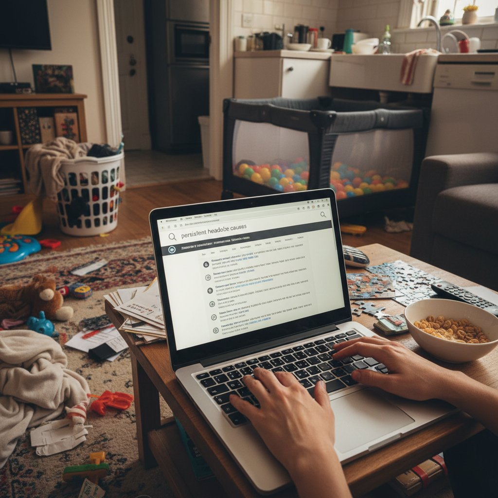 Zbliżenie na ręce wpisujące zapytanie zdrowotne na klawiaturze laptopa, otoczenie: domowy bałagan, ilustracja chaosu informacji