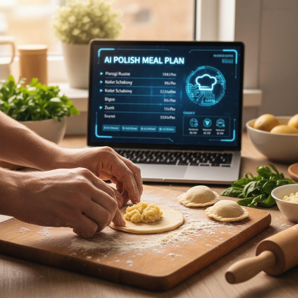 Zbliżenie na ręce lepiące pierogi, laptop z planem AI w tle