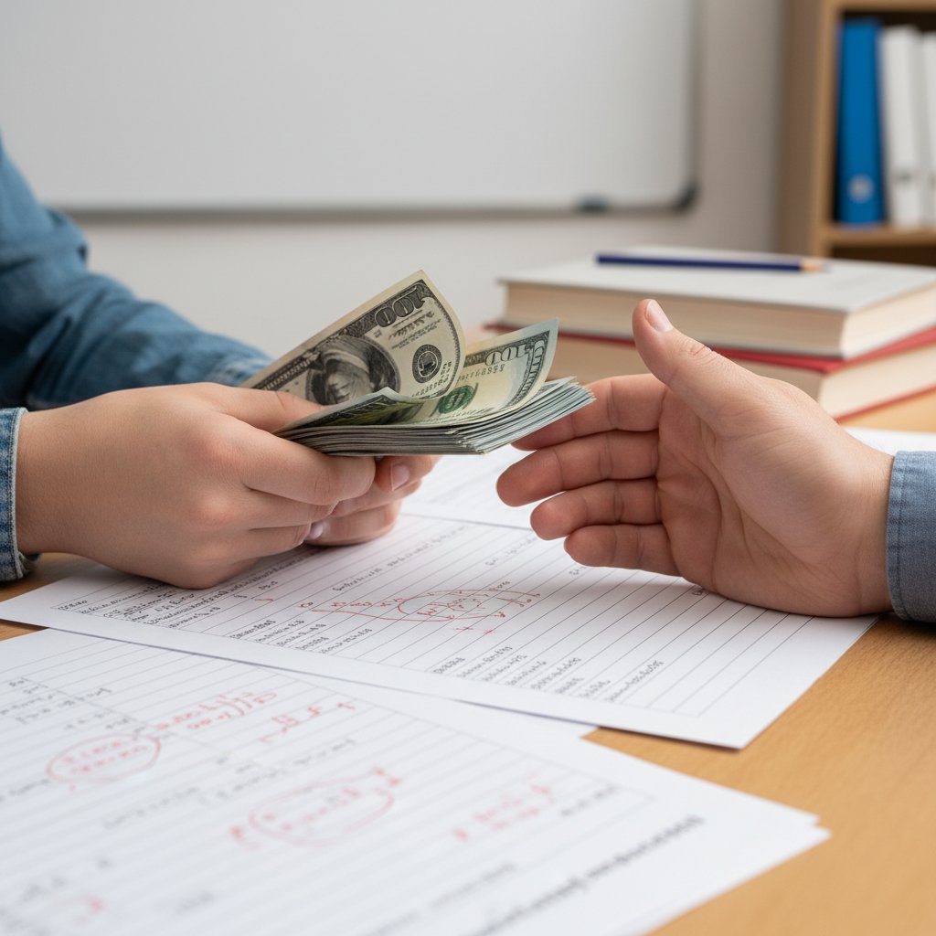 Symboliczne zdjęcie rąk przekazujących pieniądze nad testami, test kompetencji, doradztwo zawodowe