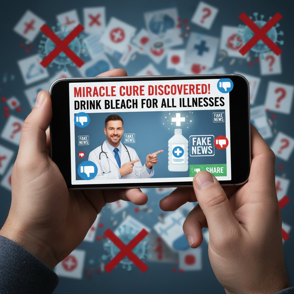 Zdjęcie rąk przewijających fake newsy o chorobach na ekranie telefonu; dynamiczne światło, klimat niepokoju, temat: fake newsy zdrowotne