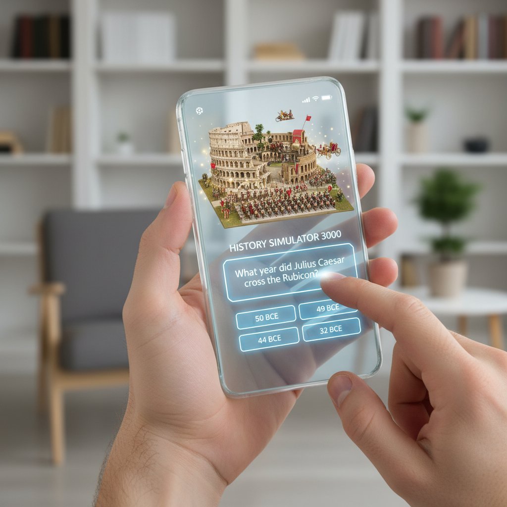 Zbliżenie na ręce wpisujące pytanie do symulatora historii na ekranie smartfona