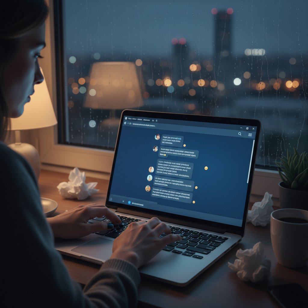Rozmowa po polsku na laptopie, późna noc, emocje, słowa kluczowe: czat online, rozmowy internetowe, polskie teksty