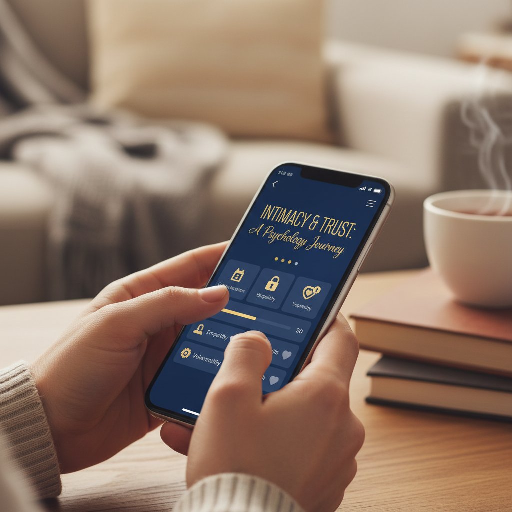 Zdjęcie rąk wpisujących wiadomość na smartfonie z widoczną aplikacją psychologiczną, tło rozmyte, atmosfera intymności i zaufania - słowa kluczowe: aplikacja psychologiczna, wsparcie online, psychoterapia zdalna